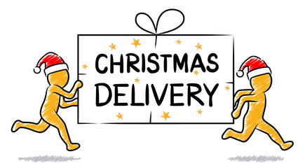CHRISTMAS DELIVERY: Running figures with red caps deliver gift pack / shaded vector drawing