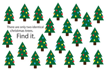 Find two identical christmas trees, xmas fun education puzzle game for children, preschool worksheet activity for kids, task for the development of logical thinking and mind, vector illustration - 233410753