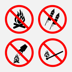 A set of signs prohibiting fire,  prohibited fireworks,