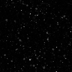 Isolated natural white snow texture effect on black night background. Winter snowflakes.