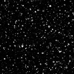 Isolated natural white snow texture effect on black night background. Winter snowflakes.