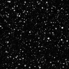 Isolated natural white snow texture effect on black night background. Winter snowflakes.