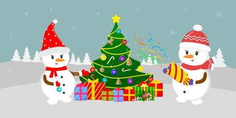 New Year and Christmas card. Two cute snowmen near the Christmas tree with gifts, in the winter against the background of snowflakes. Cartoon style, vector