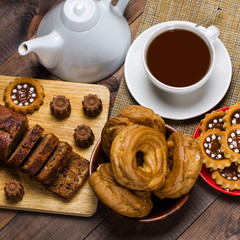 tea table, bake, pastries, muffin, cakes, sweets, top view