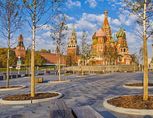 Moscow. View of the Spasskaya tower and St. Basil's Cathedral from Zaryadye Park. October 2018.