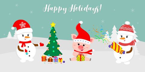 New Year and Christmas card. Two cute snowmen near the Christmas tree with gifts. Piglet in Santa hat with a gift, in winter against the background of snowflakes. Cartoon style, vector