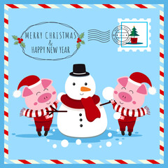 Merry christmas & happy new year card two cute piglet with mistletoe wreath, snowman, stamp christmas tree, stamp and post stamp from North Pole. Cartoon animal character vector.