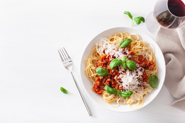 spaghetti bolognese with basil and parmesan, italian pasta