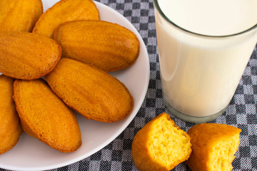 Delicious madeleine, homemade traditional french pastry (small cookie) on grey tablecloth. Glass of milk, halves of madeleine.