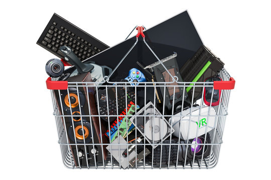 Computer device and accessories inside shopping basket, 3D rendering