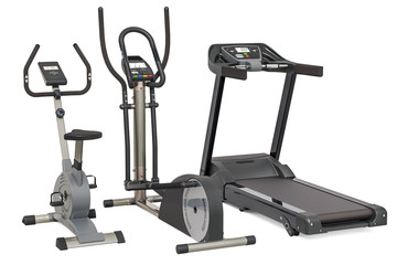 Elliptical trainer, treadmill and exercise bike. 3D rendering