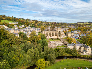 Aerial view of Jedburgh in autumn with the ruins of Jedburgh Abbey in Scotland