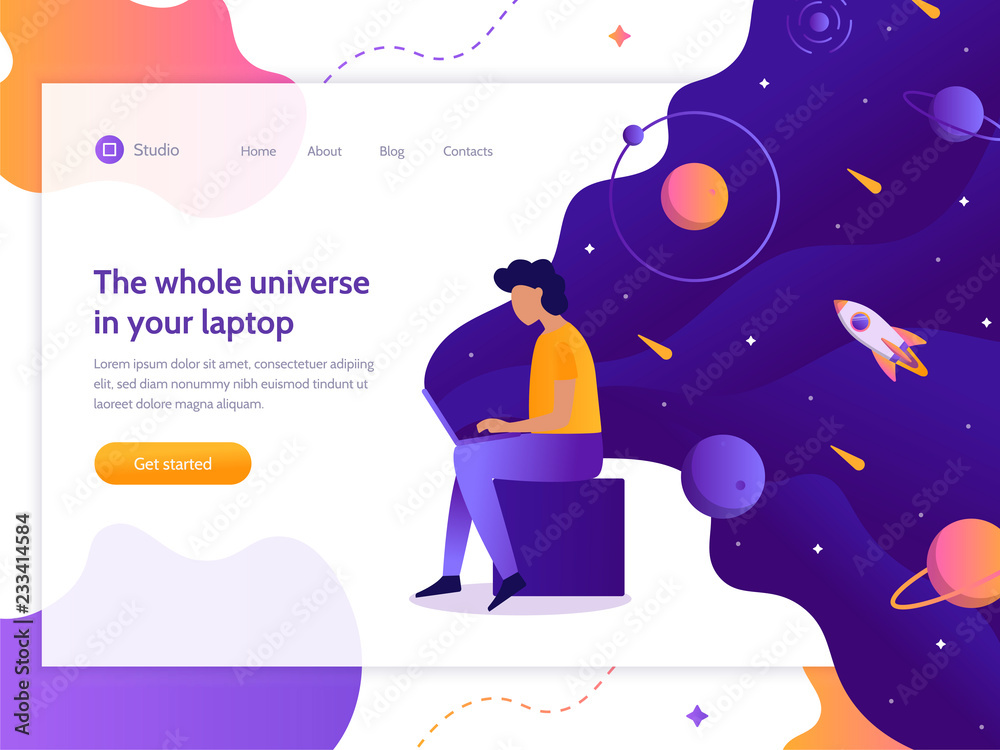 Fototapete The whole universe in your laptop. A man works at a computer from which flows space. Web development. Landing design template. Flat vector illustration.