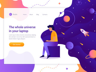 The whole universe in your laptop. A man works at a computer from which flows space. Web development. Landing design template. Flat vector illustration.