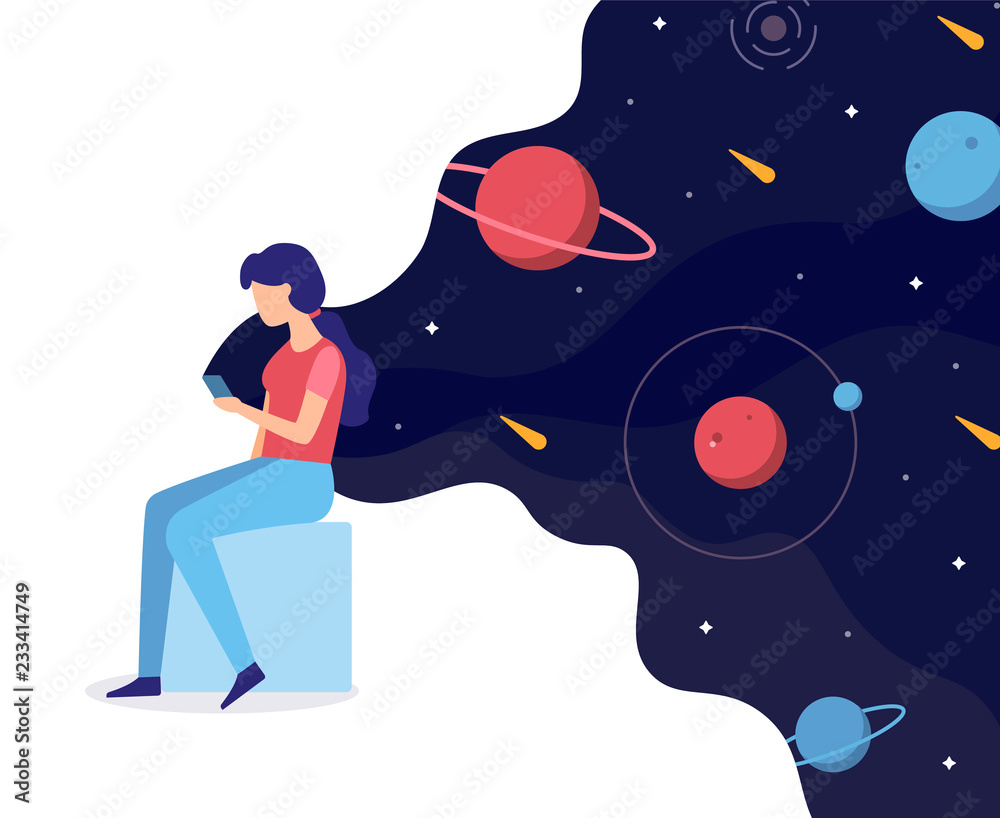 Poster girl holding a smartphone in which space. web development business concept. the user uses a new appl