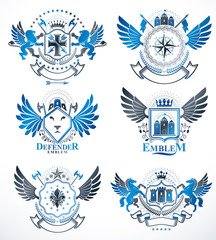 Set of vector retro vintage insignias created with design elements like medieval castles, armory, wild animals, imperial crowns. Collection of coat of arms.