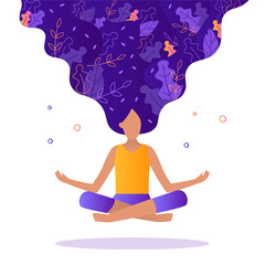 Girl floating in the air in a lotus position. Leaves are woven into her hair. The concept of meditation, self-immersion, self-improvement, ecology. Flat vector illustration.