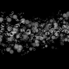 Isolated white water bubbles on black background. Rain water drops. Underwater oxygen.