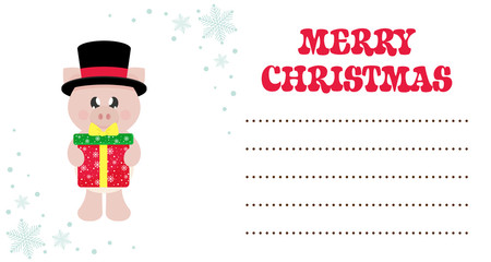 cartoon cute pig with christmas gift in hat on the christmas card