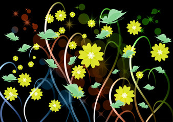 Bright floral ornament with butterflies on a dark background .Vector illustration.