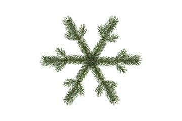 3D rendering of snowflake made of fir branches isolated on white background