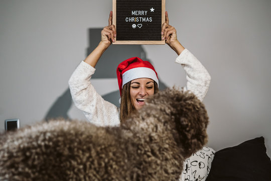 .Young, funny and happy woman playing with her nice brown spanish water dog. Celebrating Christmas time and wearing tematic costumes. Lifestyle.