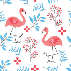 vector pattern of flamingo and leafs