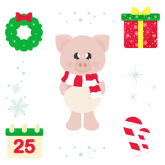 winter cartoon cute pig with scarf and christmas elements illustration vector