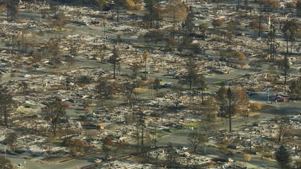 Aerial view of wildfire devastation rural community California