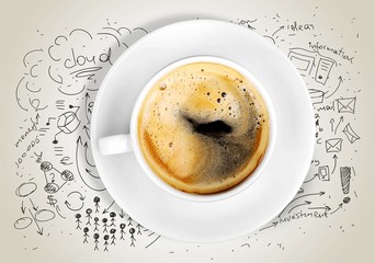 Cup od hot coffe on doodles background