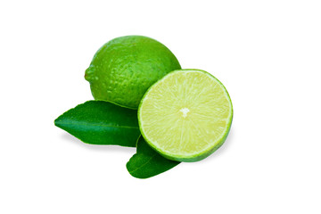 Lime slice and leaf isolated on white background with clipping path