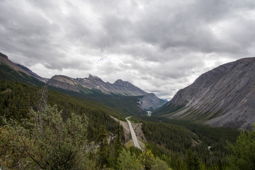 Icefields Parkway in Alberta Canada, in the Canadian Rockies. Jasper National Park. Big Hill and Big Bend overlook