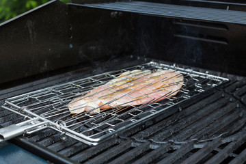 Rohes Fischfilet in einem Fischgrillwender grillt auf einem Gas Grill