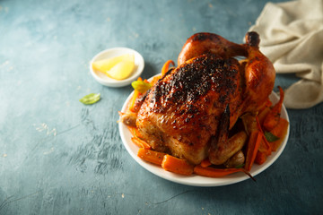 Chicken roast with root vegetables and maple syrup