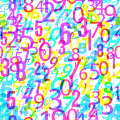 Mathematics background - different numbers math pattern, bright neon 80s style