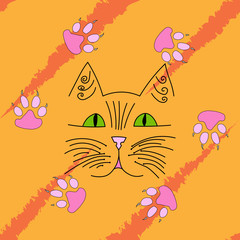 Cat's muzzle and paws. Vector illustration of a bright children's background with a cartoon cat. Hand drawn funny cat and paws.