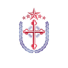 Cross Religious vintage emblem created using pentagonal star and floral ornament, Christian crucifixion. Heraldic Coat of Arms, Glory of God vector logo.