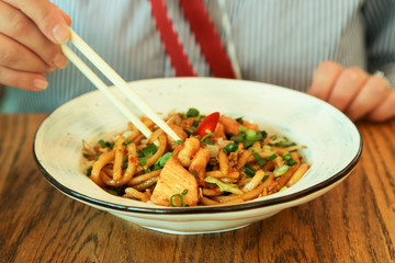 Asian udon noodles with seafood