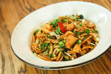 Asian udon noodles with seafood