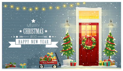 Merry Christmas and Happy New Year background with decorated Christmas front door , vector , illustration