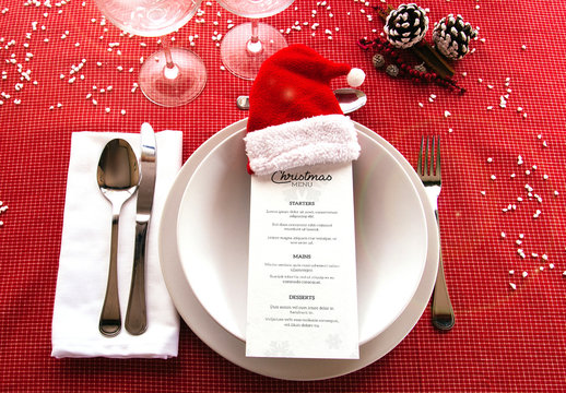 Menu on Christmas-Themed Table Mockup