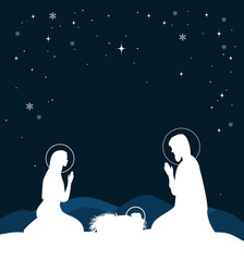 Christian Christmas scene with birth of Jesus and shining star on blue sky, illustration.