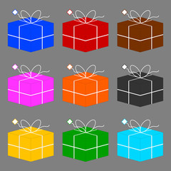 Set of Colored Gift Boxes with Bow isolated on gray background. Vector Illustration for Your Design.