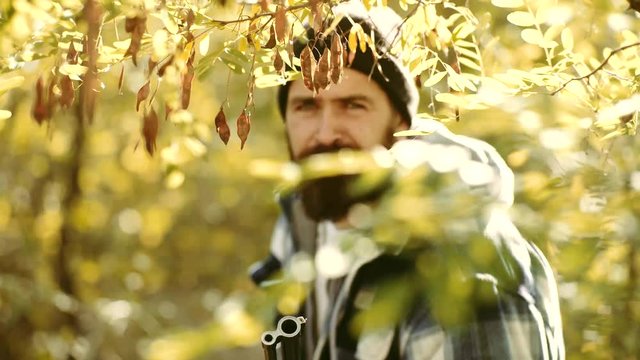 Hunting season. Man with gun. Hunting Licenses. Poacher with Rifle Spotting Some Deers. Illegal Hunting Poacher in the Forest.