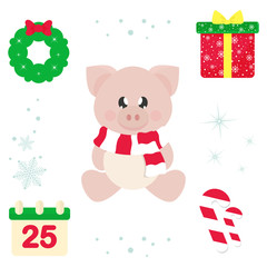 winter cartoon cute pig with scarf sitting and christmas elements illustration vector