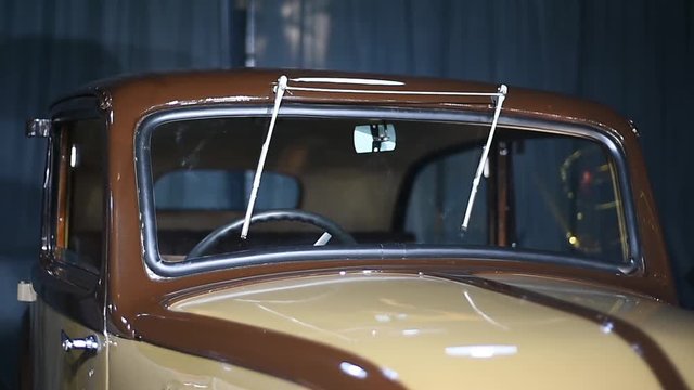 Detail video with classic car collection at an exhibition 