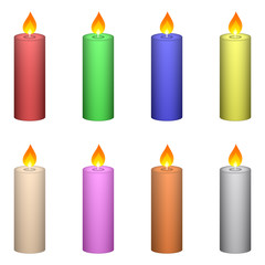 Set of 8 Colorful Vector Candles with Burning Flame isolated on white background. Vector Illustration for Your Design, Game, Card.