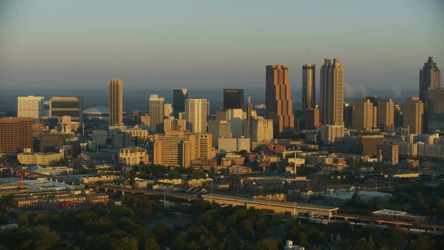 Aerial dawn sunrise downtown skyscraper business district Atlanta