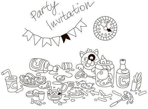 Funny party invitation card with an amusing tipsy cat and a table with drinks and appetizers after a shindig. Black and white vector illustration in a cartoon style