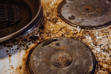 High angle view of dirty stove top